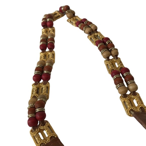 Express Women Brown Belt Size M Wood Beads Buckle Genuine Leather Boho bohemian - Picture 4 of 8